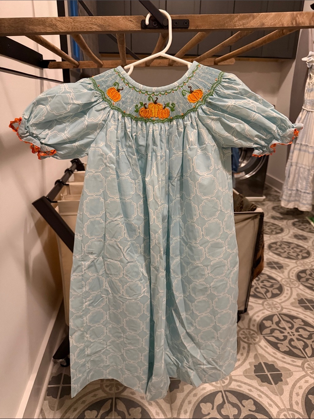 Light Blue Pumpkin Smocked Girls' Dress